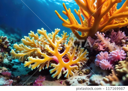 Colorful close-up view of a coral reef. Colorful close-up view of a coral reef. 117169987