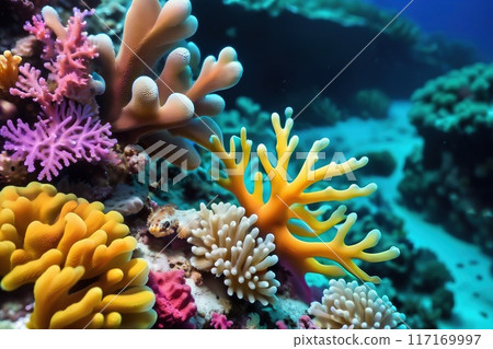Colorful close-up view of a coral reef. 117169997