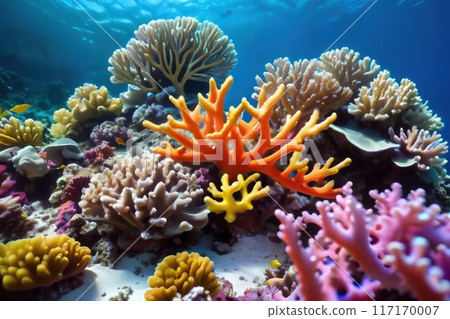 Colorful close-up view of a coral reef. 117170007