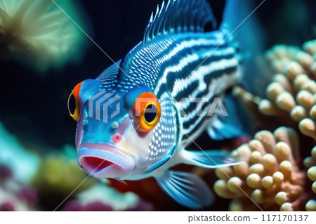 Colorful tropical fish on the background of a coral reef. 117170137