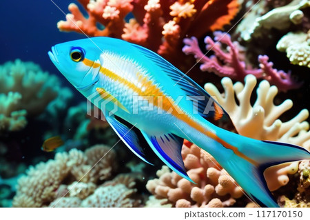 Colorful tropical fish on the background of a coral reef. 117170150