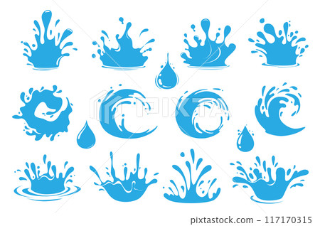 Water splash set elements in flat graphic design. Bundle objects of blue liquid flows and waves with falling droplets, clean aqua pouring, dynamic fluid flow in circle motion. Vector illustration. 117170315
