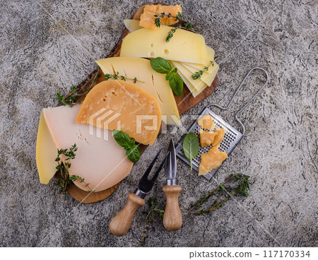 Parmesan, cheddar, gouda and maasdam cheese Parmesan, cheddar, gouda and maasdam cheese 117170334