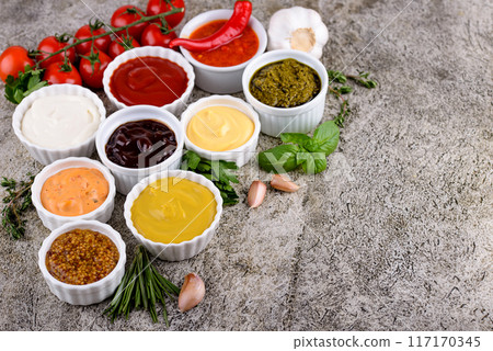 Set of different sauces. Ketchup, mustard and mayonnaise Set of different sauces. Ketchup, mustard and mayonnaise 117170345