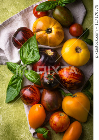 Assortment of different color tomatoes Assortment of different color tomatoes 117170379