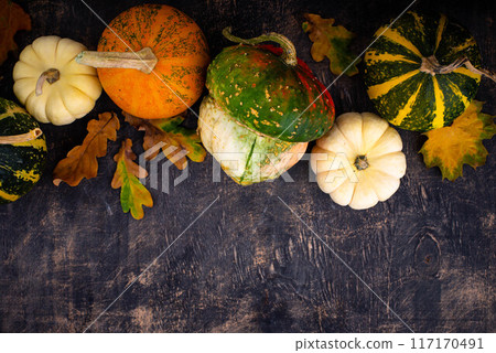 Autumn fall background with pumpkins 117170491
