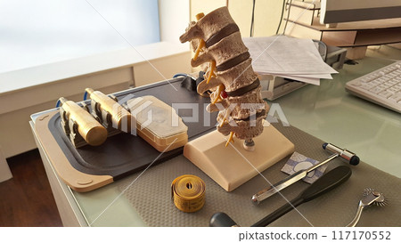 Medical tools and spine model on a doctor's desk. 117170552