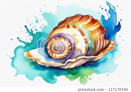 a beautiful colorful watercolor image of a seashell 117170599