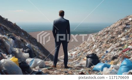 Back view of man in suit standing in landfill 117170609