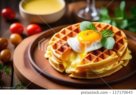 Soft round waffle topped with poached eggs and mint leaves on a plate.. Soft round waffle topped with poached eggs and mint leaves on a plate.. 117170645