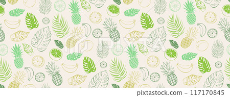 Seamless vector pattern with tropical leaves and fruits. Silhouette of palm leaves, monstera, pineapple, orange, lemon. Summer texture for wallpaper, background, fabric 117170845