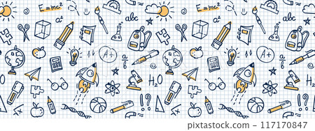 Seamless doodle back to school pattern, vector background. Hand drawn school supplies and creative elements on checkered background, school notebook. Texture for wallpaper, background, fabric. 117170847