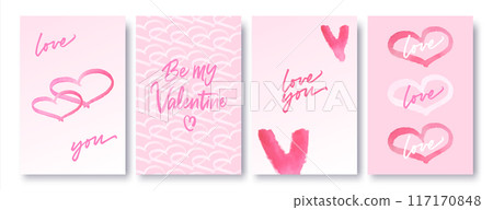 Vector hand drawn Valentine's Day set. Collection of templates with watercolor hearts. Covers, cards set in minimalistic style 117170848
