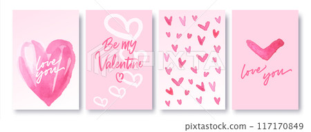 Vector hand drawn Valentine's Day set. Collection of templates with watercolor hearts. Covers, cards set in minimalistic style 117170849
