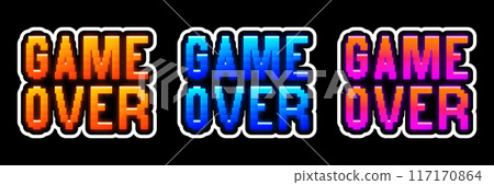 Set of vector game over pixelated signs, yellow, orange, blue, pink gradient, glitch effect, 8 bit retro game style icons, stickers 117170864