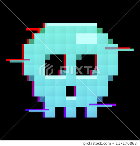 Vector pixelated skull. Glitch effect, 8 bit retro game style icon, sticker. 117170868