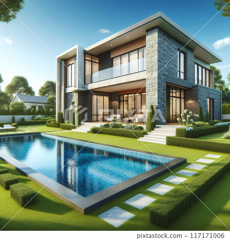 Modern luxury house with pool and lush garden 117171006