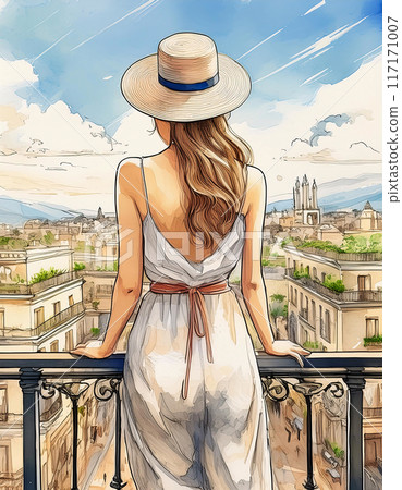 A woman in a  dress and hat stands on a balcony overlooking a scenic cityscape with historical buildings under a bright blue sky 117171007