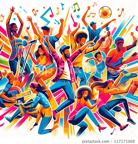 Energetic crowd celebrating music with vibrant colors and dynamic poses 117171008