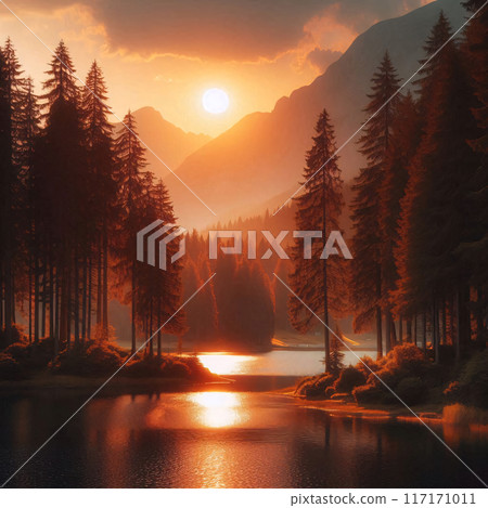 Sunset over a serene lake flanked by tall pines, reflecting warm light 117171011