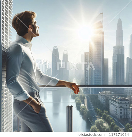 A businessman gazes at a futuristic cityscape from a high-rise balcony, overlooking skyscrapers and a river in the morning sunlight 117171024