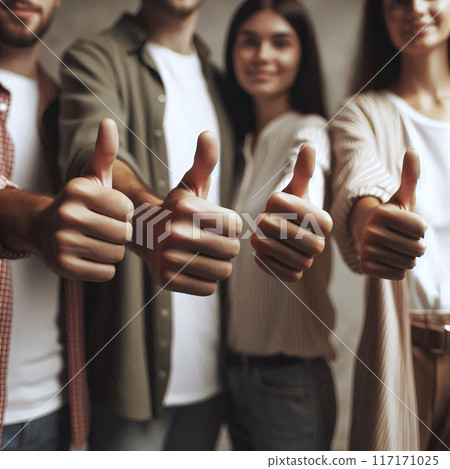 A diverse group of people give thumbs up, showing unity and approval. Focus on hands with smiling faces in the background. Positive team spirit 117171025