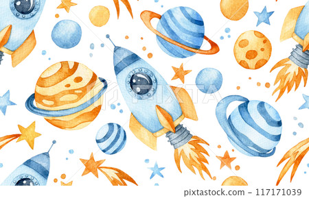 watercolor seamless pattern with space rocket, planets and astronaut. cute drawing for children, cartoon 117171039