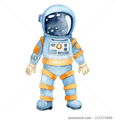 watercolor drawing, astronaut. cute cartoon illustration for children. travel to space watercolor drawing, astronaut. cute cartoon illustration for children. travel to space 117171040