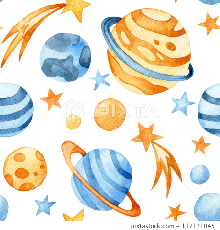 watercolor seamless pattern with space rocket, planets and astronaut. cute drawing for children, cartoon. 117171045