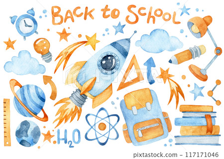 watercolor set, back to school. cute illustrations on the theme of education, school and space 117171046