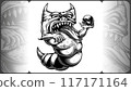 Horned monster holds a skull. Fat folds. Open mouth with sharp teeth. Vector illustration in styles of engraving, linocut, retro, vintage, line art, ink for tattoo or Halloween design. No trace. No AI Horned monster holds a skull. Fat folds. Open mouth with sharp teeth. Vector illustration in styles of engraving, linocut, retro, vintage, line art, ink for tattoo or Halloween design. No trace. No AI 117171164