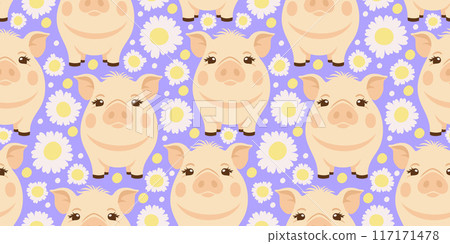 Vector seamless pattern with piglets and camomiles on lilac background Vector seamless pattern with piglets and camomiles on lilac background 117171478