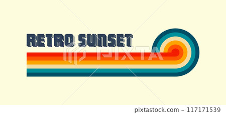 Horizontal vintage sunset. Various colorful striped sunrise badges in 80s and 90s style. Sun and ocean view, summer vibes, surfing. Design element, print, logo or t-shirt. Vector illustration 117171539