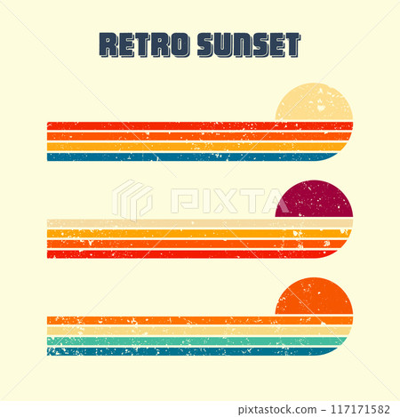 Grunge horizontal vintage sunsets. Various colorful striped sunrise badges in 80s and 90s style. Sun and ocean view, summer vibes, surfing. Design element, print, logo or t-shirt. Vector illustration 117171582