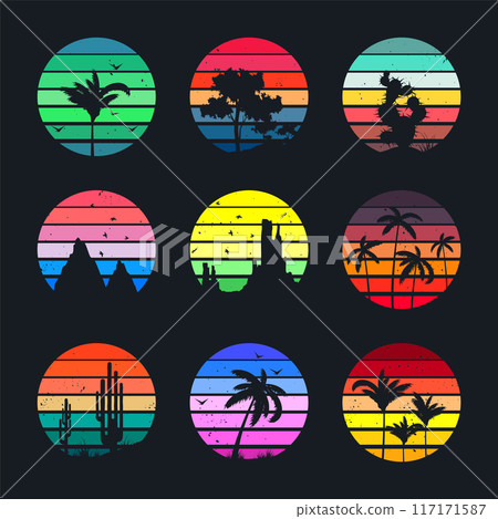 Grunge vintage sunset collection. Colorful striped sunrise badges in 80s and 90s style. Sun and ocean view, summer vibes, surfing. Design element for print, logo or t-shirt. Vector illustration Grunge vintage sunset collection. Colorful striped sunrise badges in 80s and 90s style. Sun and ocean view, summer vibes, surfing. Design element for print, logo or t-shirt. Vector illustration 117171587