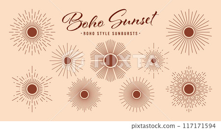 Vintage sunburst, sunset beams collection. Boho style, modern minimalist bohemian design. Hand drawn bursting sun, light rays. Logotype or lettering design element in retro style. Vector illustration Vintage sunburst, sunset beams collection. Boho style, modern minimalist bohemian design. Hand drawn bursting sun, light rays. Logotype or lettering design element in retro style. Vector illustration 117171594