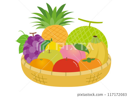 裝滿水果的淺籃子的插圖 117172083