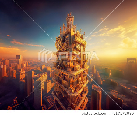 由齒輪和機械製成的摩天大樓的俯視圖 117172089