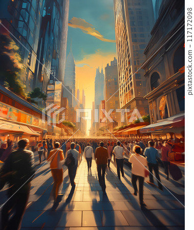 Illustration of a city street at sunset crowded with pedestrians Illustration of a city street at sunset crowded with pedestrians 117172098