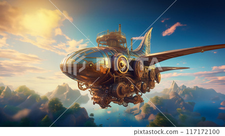 An illustration of a flying mechanized ship An illustration of a flying mechanized ship 117172100