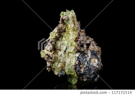 Macro stone Hyalite mineral, tourmaline Sherl, smoky quartz on a black background 117172514