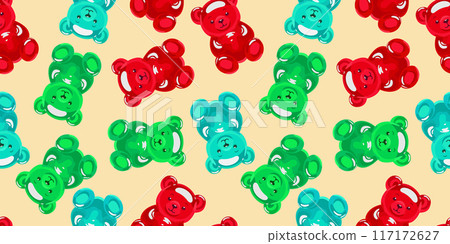 Vector seamless pattern with colorful gummy bears on light beige background 117172627