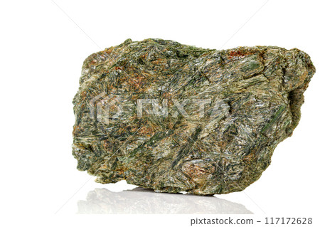 Macro stone mineral Diopside Calcite Magnetite on a white background Macro stone mineral Diopside Calcite Magnetite on a white background 117172628