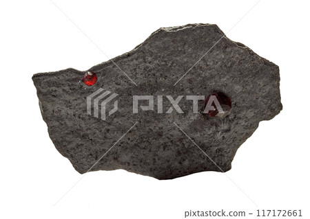Macro mineral stone Garnet in rock on a white background 117172661