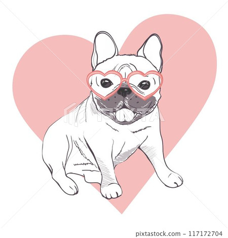 Funny puppies of french bulldog. Vector funny french bulldog, puppy cute, pet drawing sketch illustration 117172704