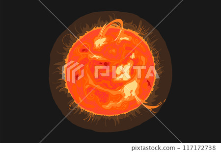 Magnetic storm on the surface of the sun with plasma and prominences. Bright Sun against dark starry sky in Solar System. 117172738