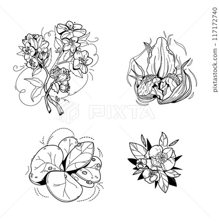 Black and white set of flower greenery leaves line art isolated. Spring floral garden roses black logo wreath sketch plant. Vector illustration botanical stem, green leaves, floral bloom Black and white set of flower greenery leaves line art isolated. Spring floral garden roses black logo wreath sketch plant. Vector illustration botanical stem, green leaves, floral bloom 117172740