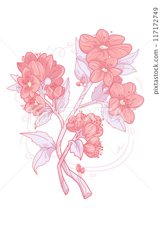 Delicate vector art print with pink flowers. Spring floral garden roses black logo wreath sketch plant. Vector illustration botanical stem, green leaves, floral bloom Delicate vector art print with pink flowers. Spring floral garden roses black logo wreath sketch plant. Vector illustration botanical stem, green leaves, floral bloom 117172749