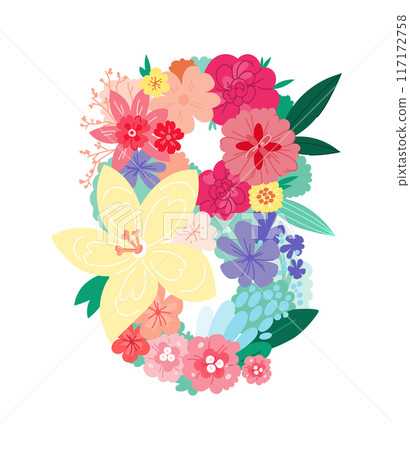 Beautiful spring flowers in the shape of eight. Number eight with spring flowers and congratulatory inscription. Bright greeting card design. Beautiful spring flowers in the shape of eight. Number eight with spring flowers and congratulatory inscription. Bright greeting card design. 117172758