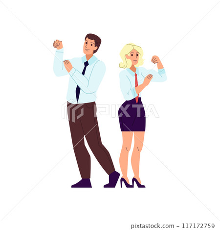Successful cooperation and business team concept. Young man and woman business people partners standing together, meaning strength of unity Successful cooperation and business team concept. Young man and woman business people partners standing together, meaning strength of unity 117172759